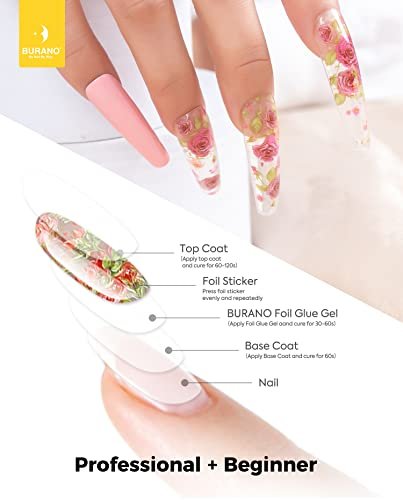 BURANO Nail Art Foil Glue Gel 15ML 2 Bottles with 60PCS Foils Sticker - Nail Designer Adhesive Transfer Art for UV LED Lamp Avelisse