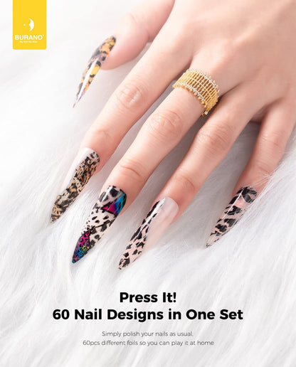 BURANO Nail Art Foil Glue Gel 15ML 2 Bottles with 60PCS Foils Sticker - Nail Designer Adhesive Transfer Art for UV LED Lamp Avelisse