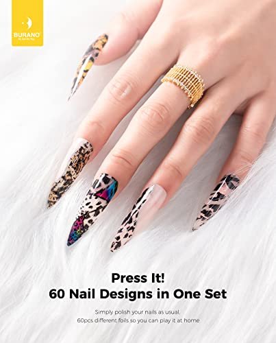 BURANO Nail Art Foil Glue Gel 15ML 2 Bottles with 60PCS Foils Sticker - Nail Designer Adhesive Transfer Art for UV LED Lamp Avelisse