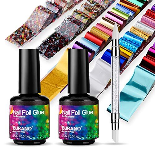 BURANO Nail Art Foil Glue Gel 15ML 2 Bottles with 60PCS Foils Sticker - Nail Designer Adhesive Transfer Art for UV LED Lamp Avelisse