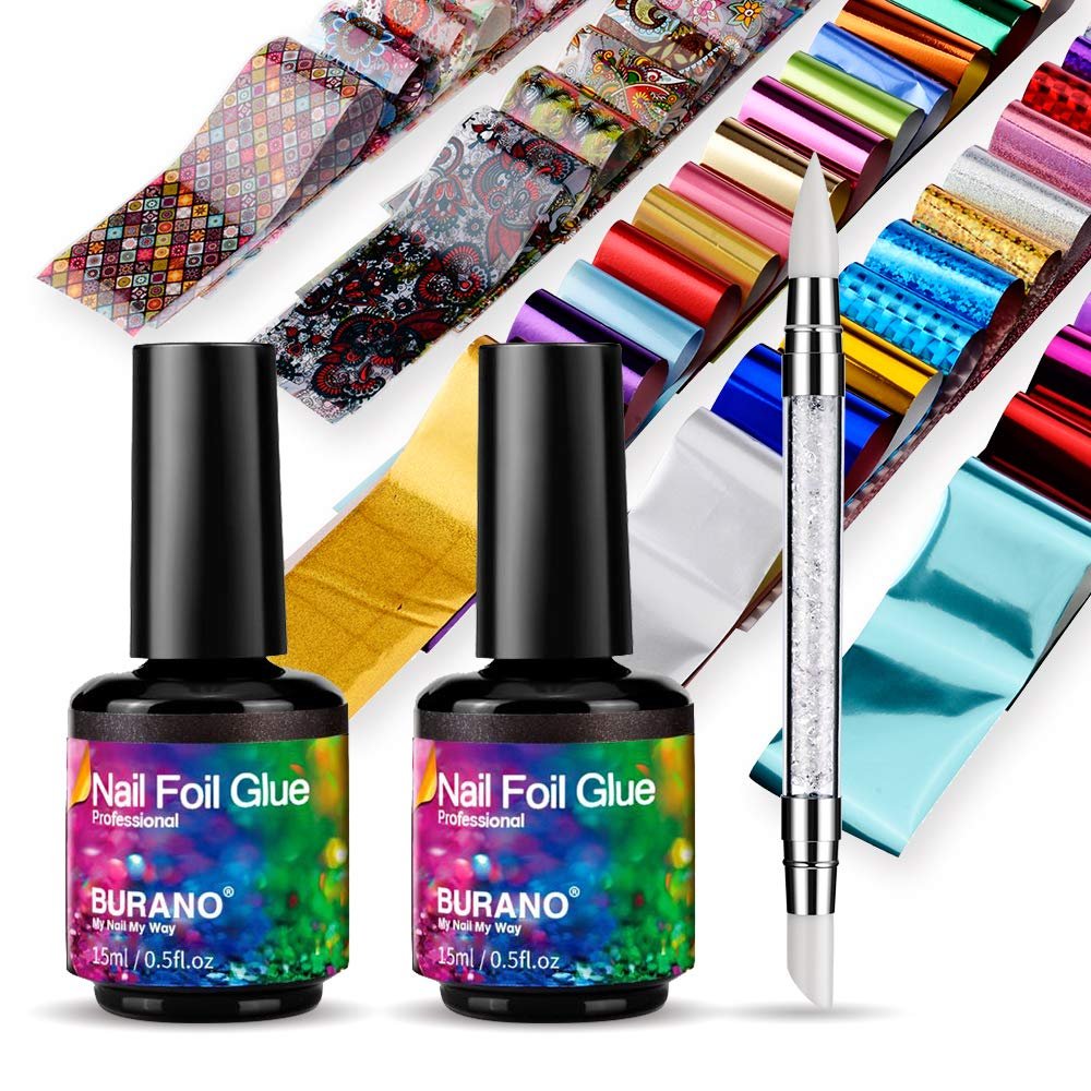 BURANO Nail Art Foil Glue Gel 15ML 2 Bottles with 60PCS Foils Sticker - Nail Designer Adhesive Transfer Art for UV LED Lamp Avelisse