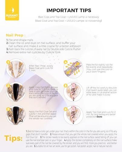 BURANO Nail Art Foil Glue Gel 15ML 2 Bottles with 60PCS Foils Sticker - Nail Designer Adhesive Transfer Art for UV LED Lamp Avelisse