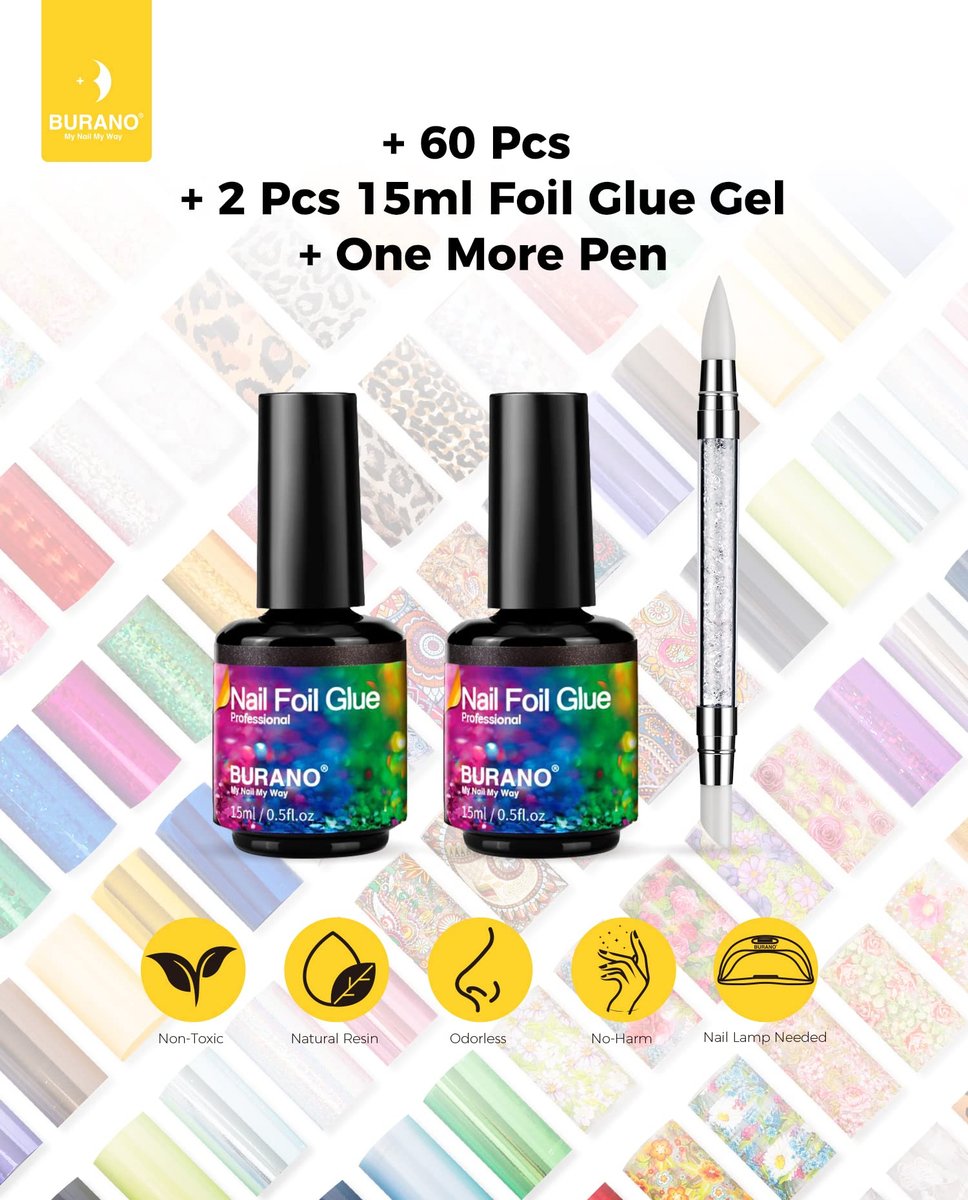 BURANO Nail Art Foil Glue Gel 15ML 2 Bottles with 60PCS Foils Sticker - Nail Designer Adhesive Transfer Art for UV LED Lamp Avelisse