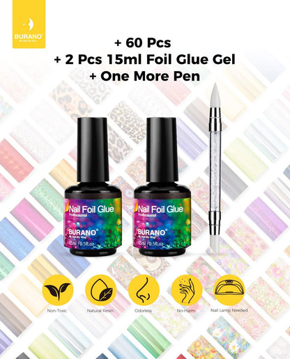 BURANO Nail Art Foil Glue Gel 15ML 2 Bottles with 60PCS Foils Sticker - Nail Designer Adhesive Transfer Art for UV LED Lamp Avelisse