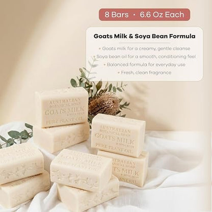 Australian Botanical Soap Goats Milk Bars - 8-Pack, 6.6 oz Each, Triple Milled with Soya Bean Oil & Organic African Shea Butter Avelisse