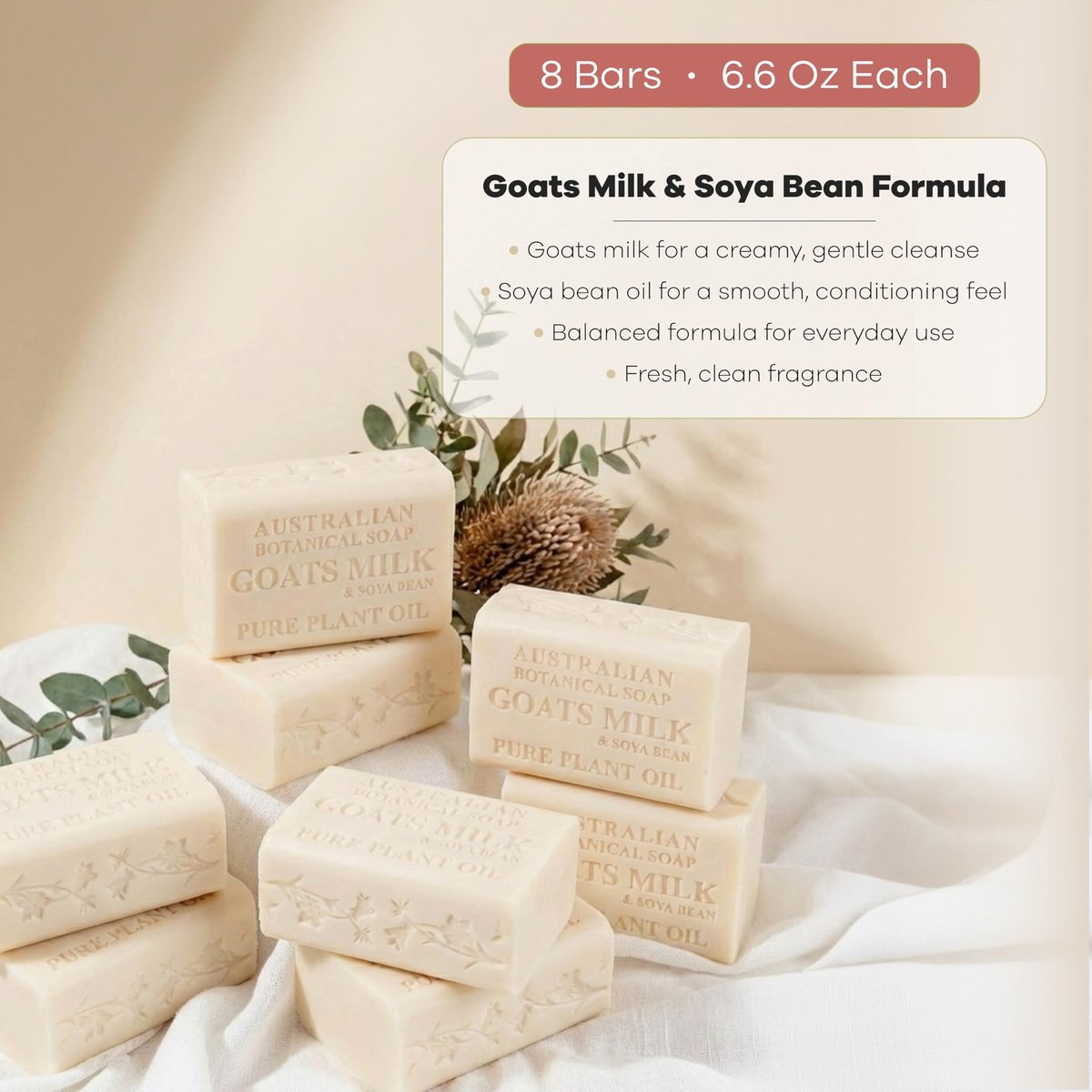 Australian Botanical Soap Goats Milk Bars - 8-Pack, 6.6 oz Each, Triple Milled with Soya Bean Oil & Organic African Shea Butter Avelisse