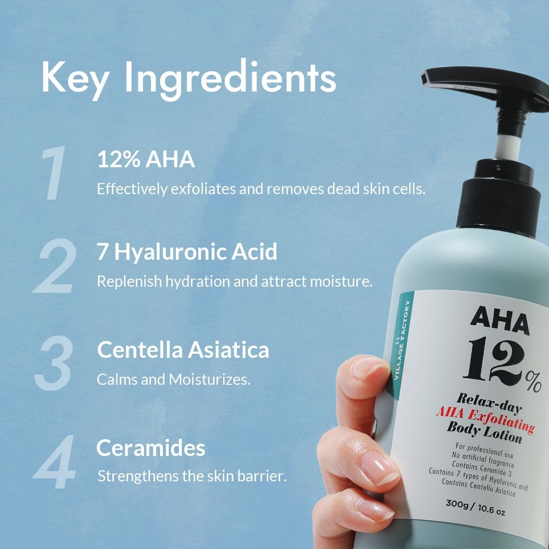 VILLAGE11FACTORY Relax Day AHA Exfoliating Body Lotion | Glycolic Acid Lotion for KP, Strawberry Legs & Rough Skin | Hydrating Body Moisturizer for Dark Spots, Acne & Texture | 10.6 fl oz Avelisse