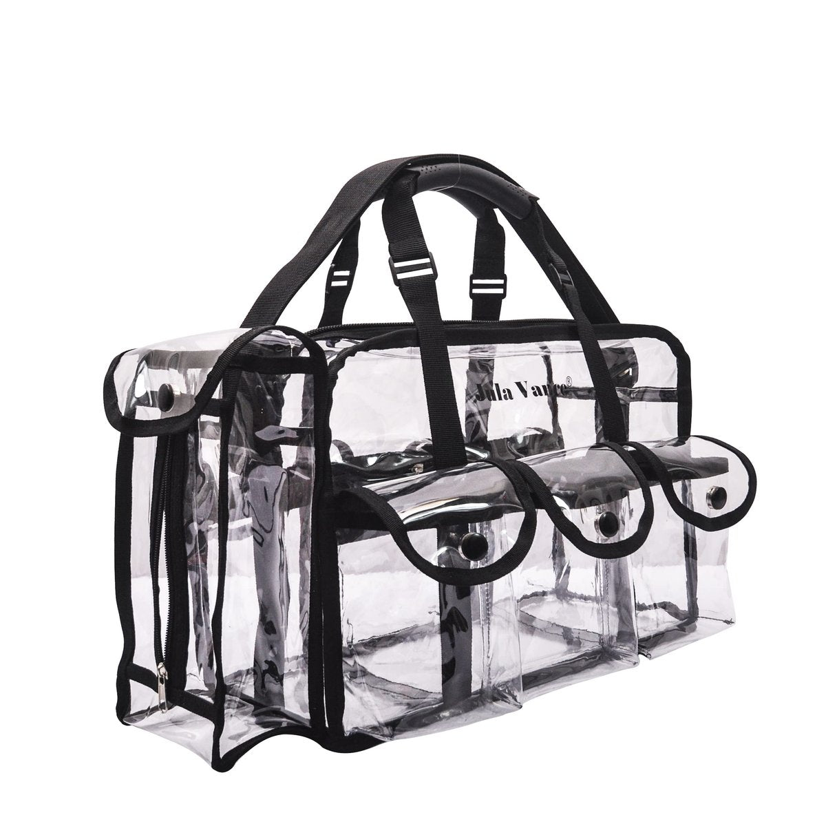 Jula Vance Professional Clear PVC Makeup Kits Organizer - Transparent Vinyl Travel Cosmetic Bag with 6 External Pockets & Tissue Holder (Black, 16x10x7 inches) Avelisse
