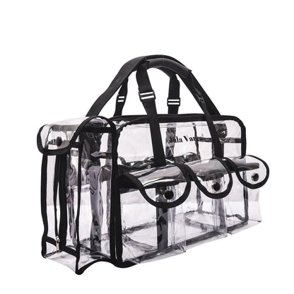 Jula Vance Professional Clear PVC Makeup Kits Organizer - Transparent Vinyl Travel Cosmetic Bag with 6 External Pockets & Tissue Holder (Black, 16x10x7 inches) Avelisse