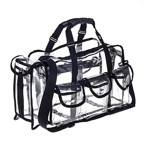 Jula Vance Professional Clear PVC Makeup Kits Organizer - Transparent Vinyl Travel Cosmetic Bag with 6 External Pockets & Tissue Holder (Black, 16x10x7 inches) Avelisse