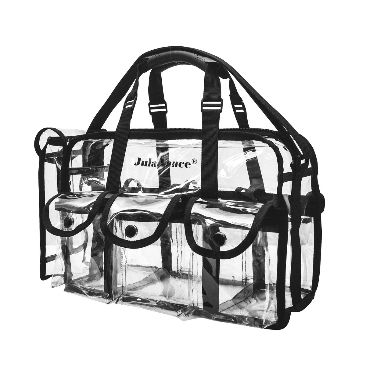 Jula Vance Professional Clear PVC Makeup Kits Organizer - Transparent Vinyl Travel Cosmetic Bag with 6 External Pockets & Tissue Holder (Black, 16x10x7 inches) Avelisse