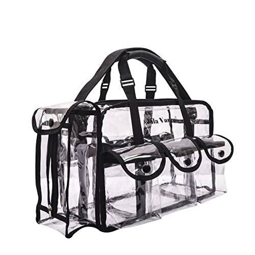 Jula Vance Professional Clear PVC Makeup Kits Organizer - Transparent Vinyl Travel Cosmetic Bag with 6 External Pockets & Tissue Holder (Black, 16x10x7 inches) Avelisse