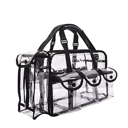 Jula Vance Professional Clear PVC Makeup Kits Organizer - Transparent Vinyl Travel Cosmetic Bag with 6 External Pockets & Tissue Holder (Black, 16x10x7 inches) Avelisse