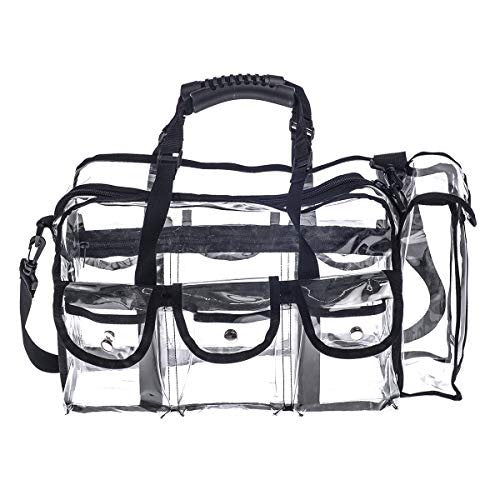 Jula Vance Professional Clear PVC Makeup Kits Organizer - Transparent Vinyl Travel Cosmetic Bag with 6 External Pockets & Tissue Holder (Black, 16x10x7 inches) Avelisse