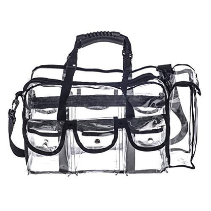 Jula Vance Professional Clear PVC Makeup Kits Organizer - Transparent Vinyl Travel Cosmetic Bag with 6 External Pockets & Tissue Holder (Black, 16x10x7 inches) Avelisse