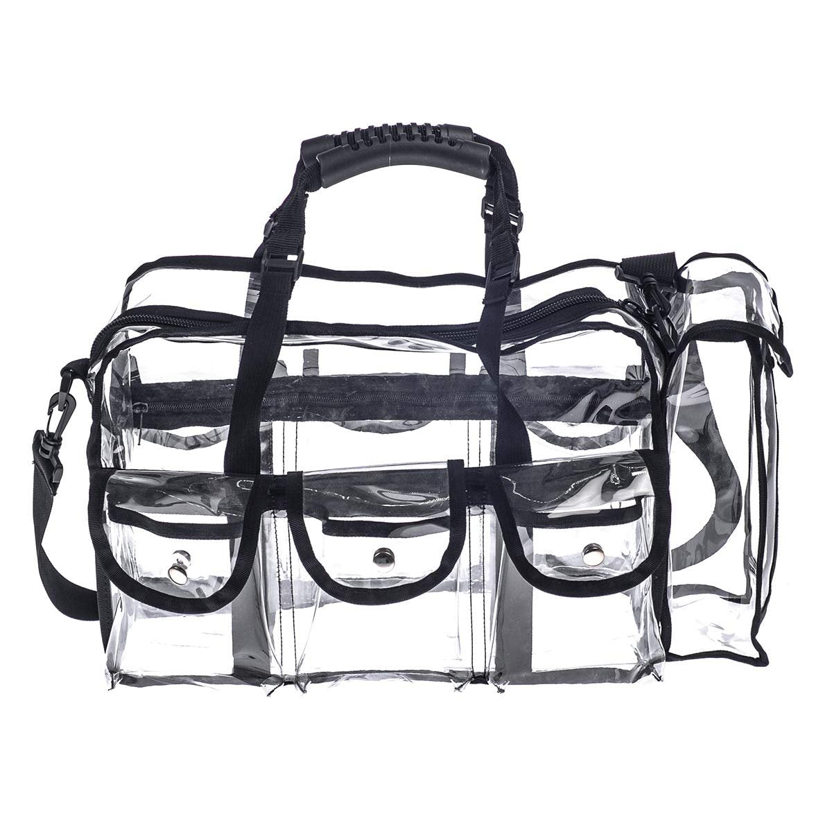 Jula Vance Professional Clear PVC Makeup Kits Organizer - Transparent Vinyl Travel Cosmetic Bag with 6 External Pockets & Tissue Holder (Black, 16x10x7 inches) Avelisse