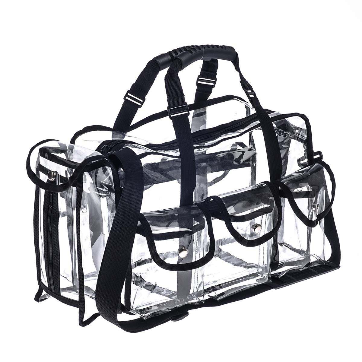 Jula Vance Professional Clear PVC Makeup Kits Organizer - Transparent Vinyl Travel Cosmetic Bag with 6 External Pockets & Tissue Holder (Black, 16x10x7 inches) Avelisse