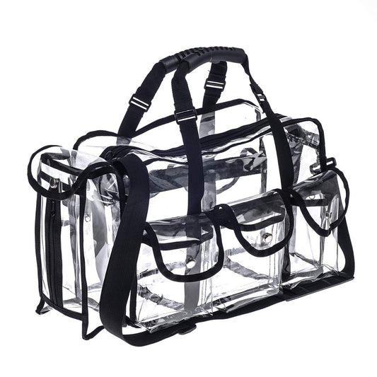 Jula Vance Professional Clear PVC Makeup Kits Organizer - Transparent Vinyl Travel Cosmetic Bag with 6 External Pockets & Tissue Holder (Black, 16x10x7 inches) Avelisse