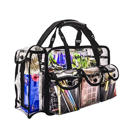 Jula Vance Professional Clear PVC Makeup Kits Organizer - Transparent Vinyl Travel Cosmetic Bag with 6 External Pockets & Tissue Holder (Black, 16x10x7 inches) Avelisse