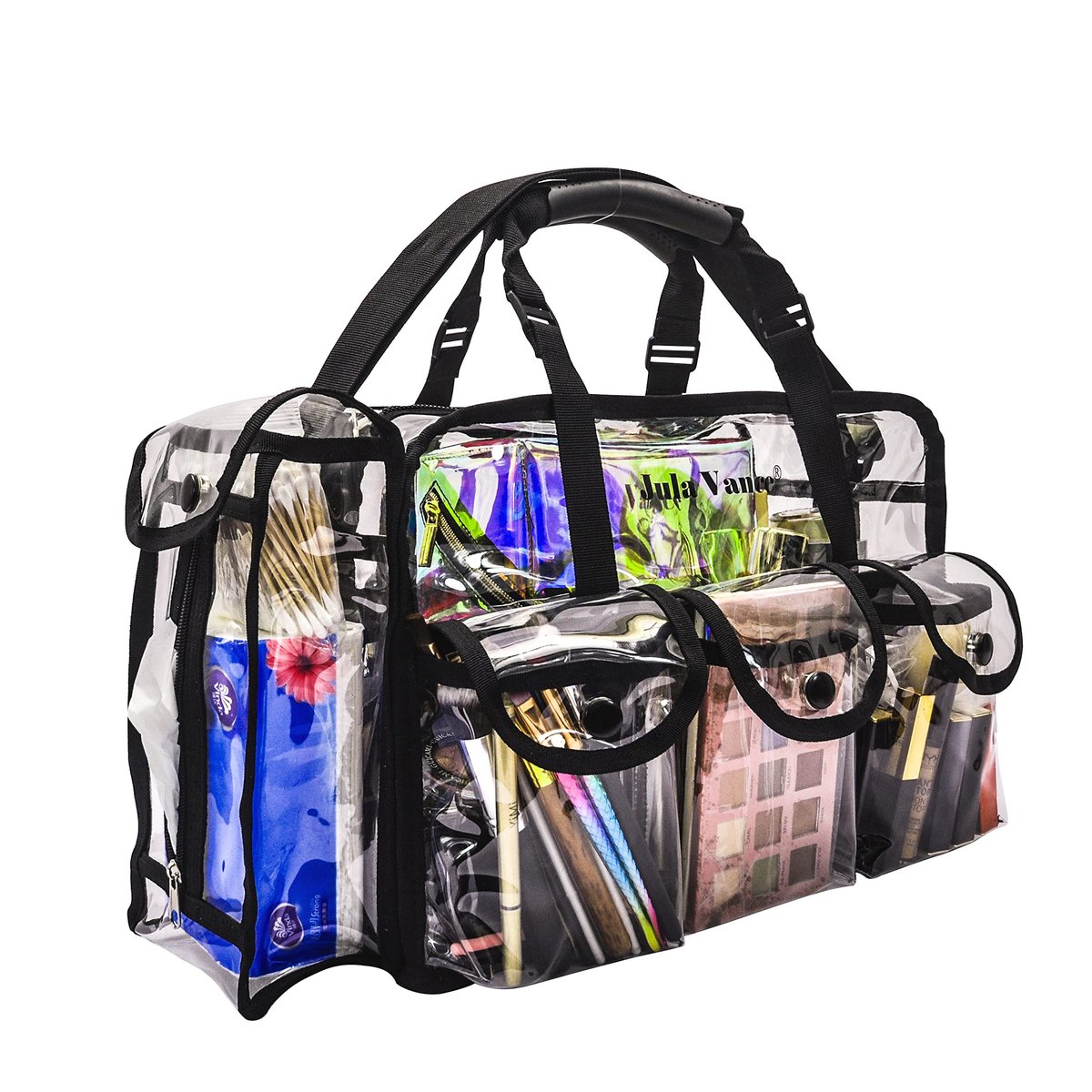 Jula Vance Professional Clear PVC Makeup Kits Organizer - Transparent Vinyl Travel Cosmetic Bag with 6 External Pockets & Tissue Holder (Black, 16x10x7 inches) Avelisse
