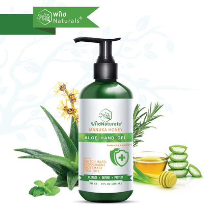 Wild Naturals Pure Aloe Vera Gel Hand Cleaner - Organic Waterless Purifying Wash with Manuka Honey, Witch Hazel, Peppermint, Oregano, Rosemary & Tea Tree Oil - 8 fl oz Avelisse