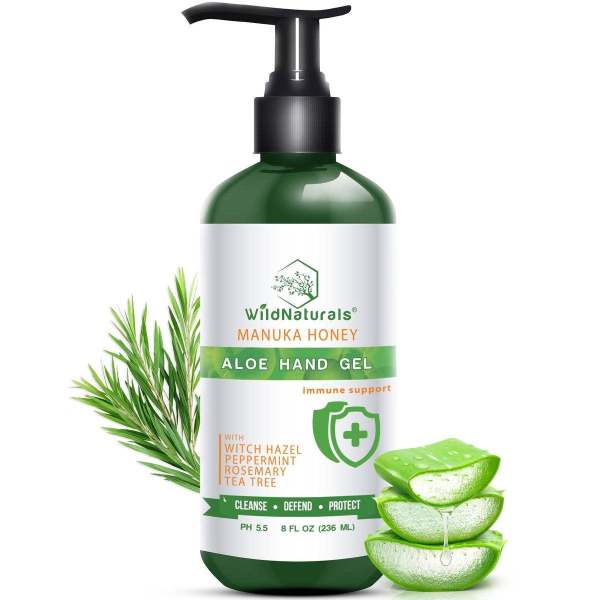 Wild Naturals Pure Aloe Vera Gel Hand Cleaner - Organic Waterless Purifying Wash with Manuka Honey, Witch Hazel, Peppermint, Oregano, Rosemary & Tea Tree Oil - 8 fl oz Avelisse