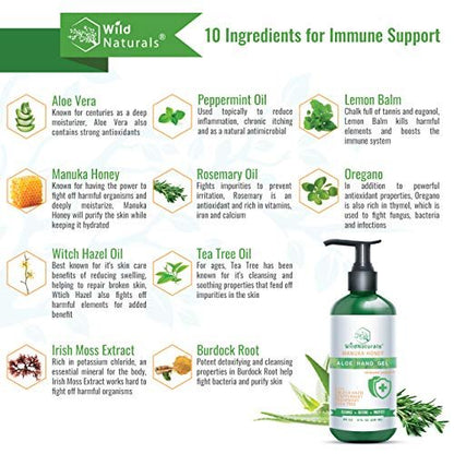 Wild Naturals Pure Aloe Vera Gel Hand Cleaner - Organic Waterless Purifying Wash with Manuka Honey, Witch Hazel, Peppermint, Oregano, Rosemary & Tea Tree Oil - 8 fl oz Avelisse