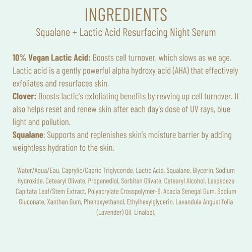 Biossance Squalane + Lactic Acid Resurfacing Night Serum - Vegan 10% Lactic Acid Face Serum for Skin Texture and Fine Lines, Gentle Night Exfoliant, Hydrating Pore Reducer, 1 oz Avelisse