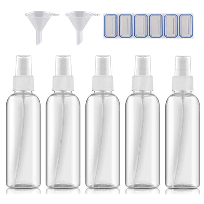 DreiWasser 5-Pack Small Spray Bottles 3.4oz (100ml) Clear PET Plastic for Essential Oils, Perfumes, Travel, Cleaning, Gardening