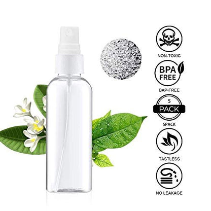 DreiWasser 5-Pack Small Spray Bottles 3.4oz (100ml) Clear PET Plastic for Essential Oils, Perfumes, Travel, Cleaning, Gardening