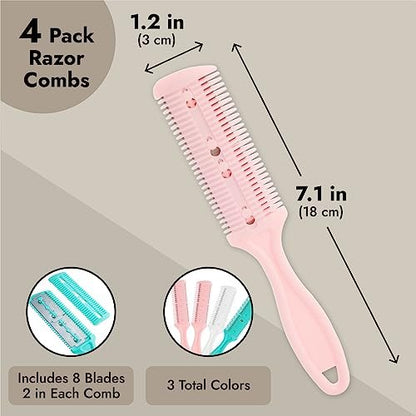 Glamlily Hair Thinning Razor Comb Set - Split End Trimmer - Effortless Thinning Comb - Pack of 4 (7.1 x 1.2 in, Assorted Colors)