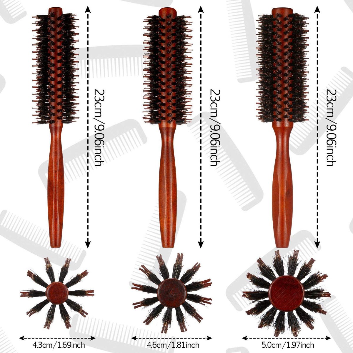 Boao 3-Piece Boar Bristle Round Hair Brush Set – Natural Wood Handle Brushes for Drying, Styling & Curling (10, 12, 14 Rows) Avelisse