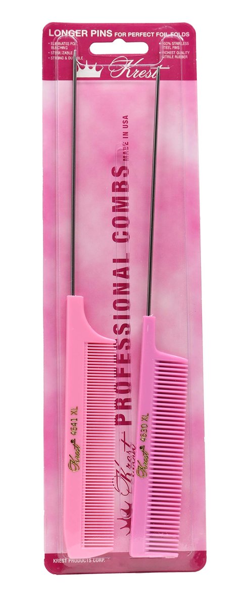 Krest Pintail Combs for Sectioning, Weaving, Foiling & Fine Tooth Detailing – 2 Pack (Pink)