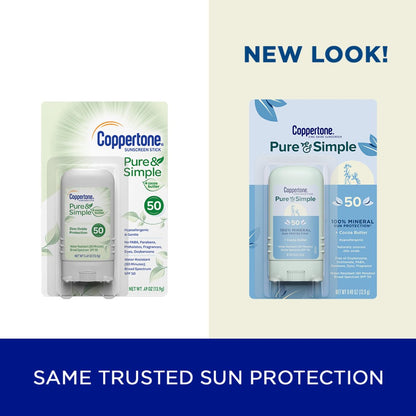 Coppertone Pure and Simple Mineral Sunscreen Stick SPF 50 – Face Sunscreen with Broad Spectrum UVA/UVB Protection, Hypoallergenic, Water Resistant, 0.49 oz