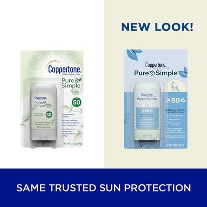 Coppertone Pure and Simple Mineral Sunscreen Stick SPF 50 – Face Sunscreen with Broad Spectrum UVA/UVB Protection, Hypoallergenic, Water Resistant, 0.49 oz