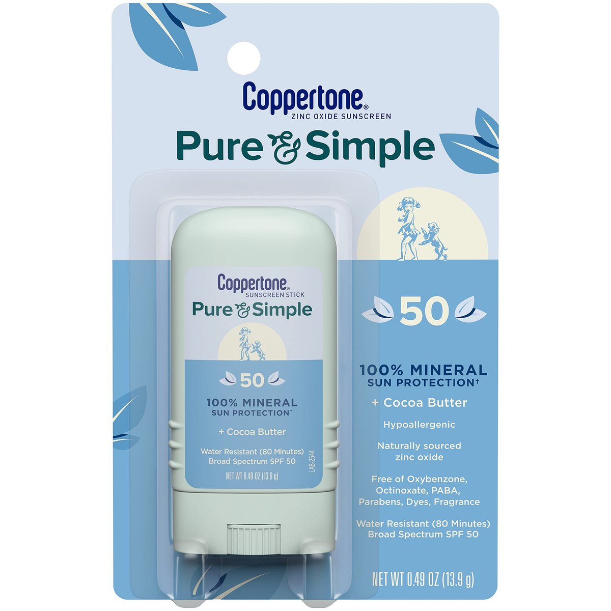 Coppertone Pure and Simple Mineral Sunscreen Stick SPF 50 – Face Sunscreen with Broad Spectrum UVA/UVB Protection, Hypoallergenic, Water Resistant, 0.49 oz - görsel 2