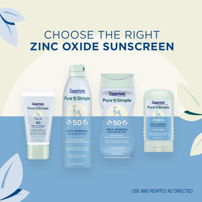Coppertone Pure and Simple Mineral Sunscreen Stick SPF 50 – Face Sunscreen with Broad Spectrum UVA/UVB Protection, Hypoallergenic, Water Resistant, 0.49 oz