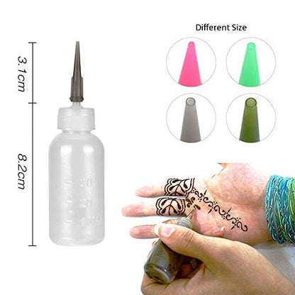 Xmasir Jagua Henna Applicator Bottles Kit - 32 Piece Set for Tattoo Body Paint, Precision Applicator with 4 Bottles, 4 Caps, and 16 Needle Tips
