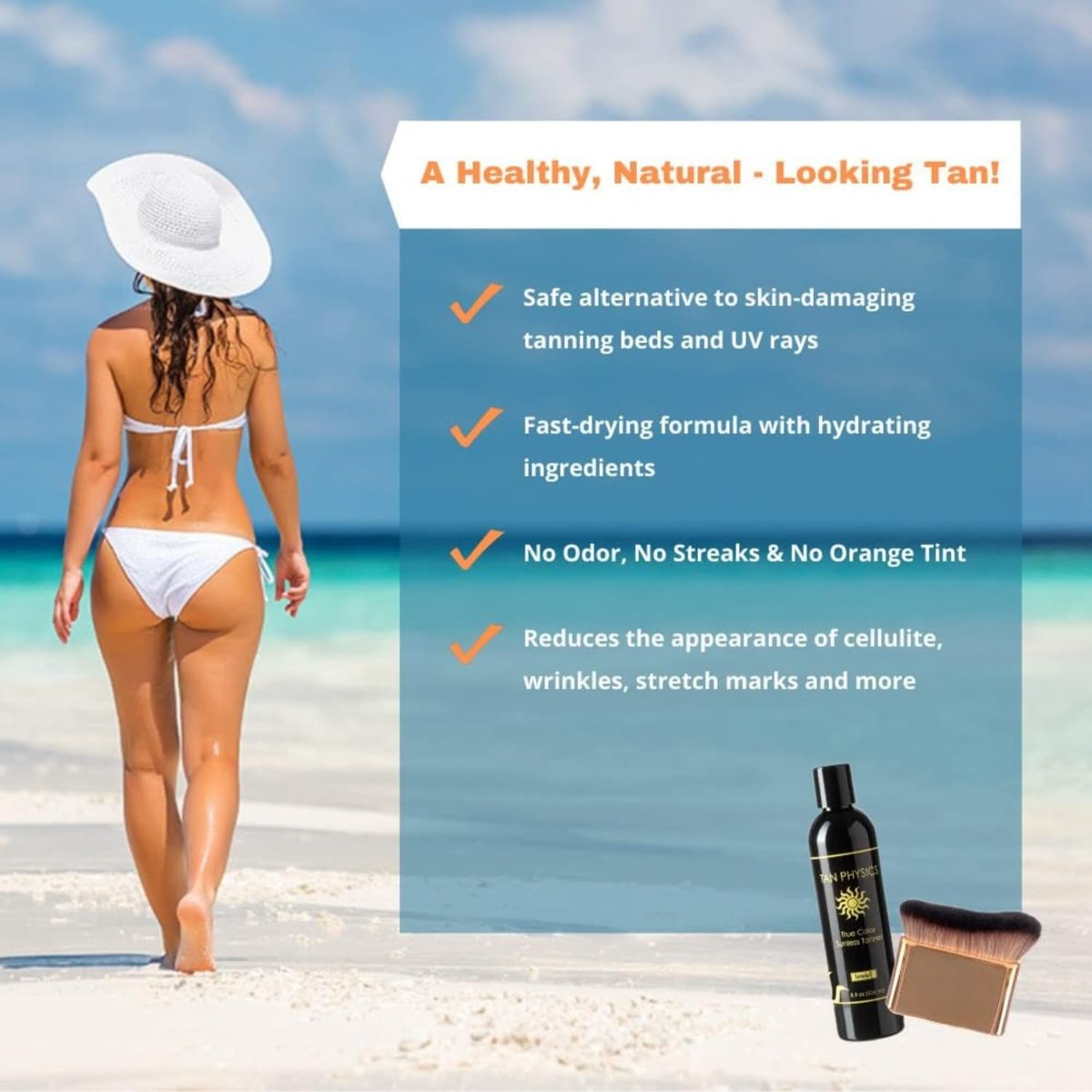 Tan Physics Sunless Tanner 8oz with Self Tanner Brush – Natural Self Tanning Lotion for Face & Body – Streak-Free, Long-Lasting Glow Avelisse