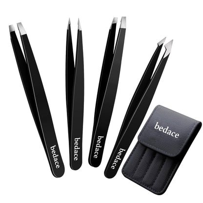 Premium Stainless Steel Tweezer Set – 4 Piece Tweezers for Women & Men, Facial Hair & Eyebrow Plucking with Leather Travel Case