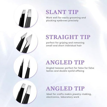 Premium Stainless Steel Tweezer Set – 4 Piece Tweezers for Women & Men, Facial Hair & Eyebrow Plucking with Leather Travel Case