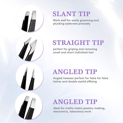 Premium Stainless Steel Tweezer Set – 4 Piece Tweezers for Women & Men, Facial Hair & Eyebrow Plucking with Leather Travel Case