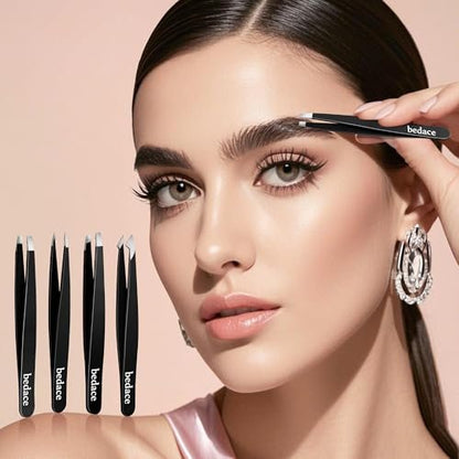 Premium Stainless Steel Tweezer Set – 4 Piece Tweezers for Women & Men, Facial Hair & Eyebrow Plucking with Leather Travel Case