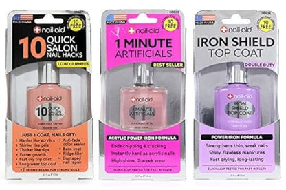 Nail-Aid 3-Pack: 10 Quick Hacks, 1 Minute Artificials, and Iron Shield Top Coat – Clear Nail Treatment Set (1.65 Fl Oz Each) Avelisse