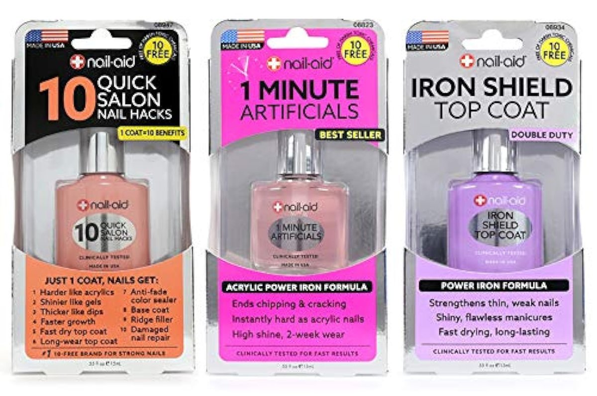 Nail-Aid 3-Pack: 10 Quick Hacks, 1 Minute Artificials, and Iron Shield Top Coat – Clear Nail Treatment Set (1.65 Fl Oz Each) Avelisse