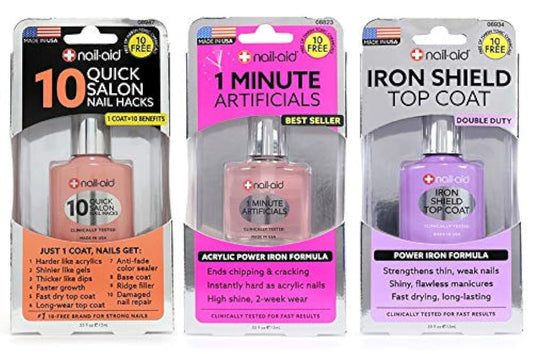 Nail-Aid 3-Pack: 10 Quick Hacks, 1 Minute Artificials, and Iron Shield Top Coat – Clear Nail Treatment Set (1.65 Fl Oz Each) Avelisse
