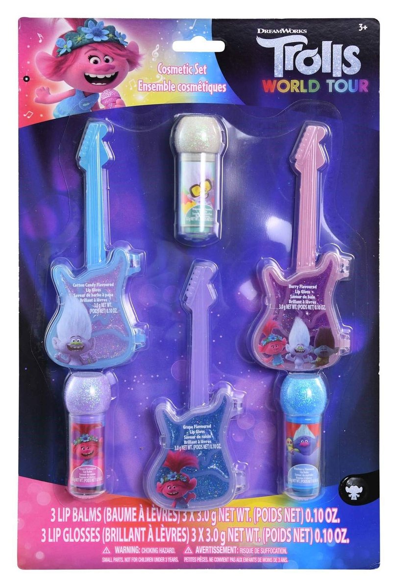 Trolls 2 Shaped Lip Gloss & Lip Balm Cosmetic Set – 6 Piece Beauty Kit for Kids with Microphone-Shaped Flavored Lip Balm & Guitar-Shaped Flavored Lip Gloss - görsel 1