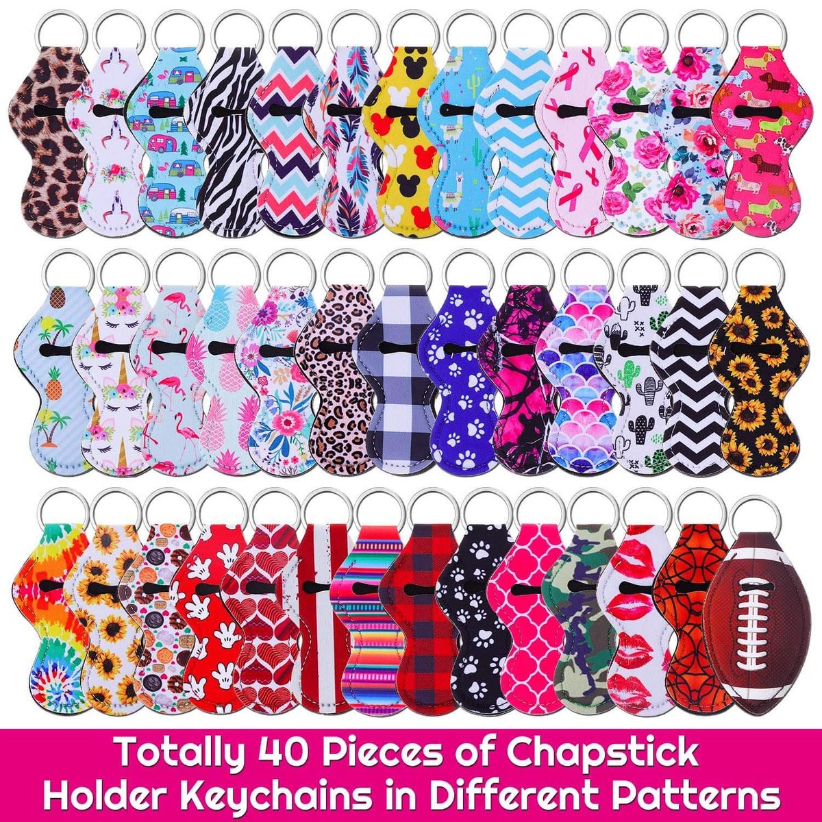 shynek 40-Piece Neoprene Chapstick Holder Keychain Set - Multicolor Lip Balm Holders for Women, Portable Avelisse