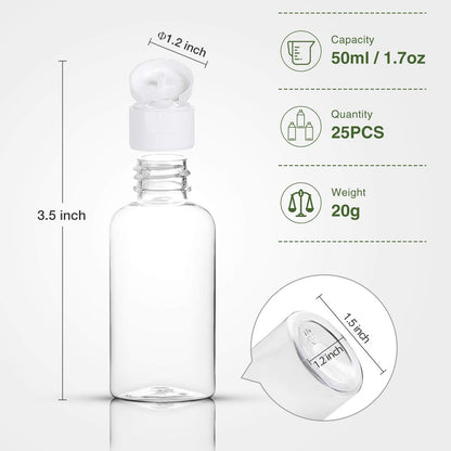 MMonDod 25 Pack 1.7oz/50ml Clear Plastic Empty Travel Bottles with Flip Cap – Squeezable Refillable Containers for Toiletries, Condiments, and More