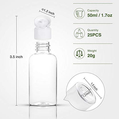 MMonDod 25 Pack 1.7oz/50ml Clear Plastic Empty Travel Bottles with Flip Cap – Squeezable Refillable Containers for Toiletries, Condiments, and More